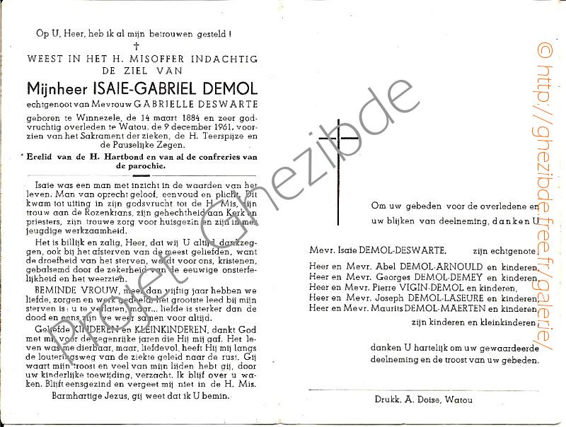 Isaie Gabriel DEMOL echtgenoot van Mevrouw Gabrielle DESWARTE, overleden te Watou, den 9 Decembre 1961 (77 jaar).